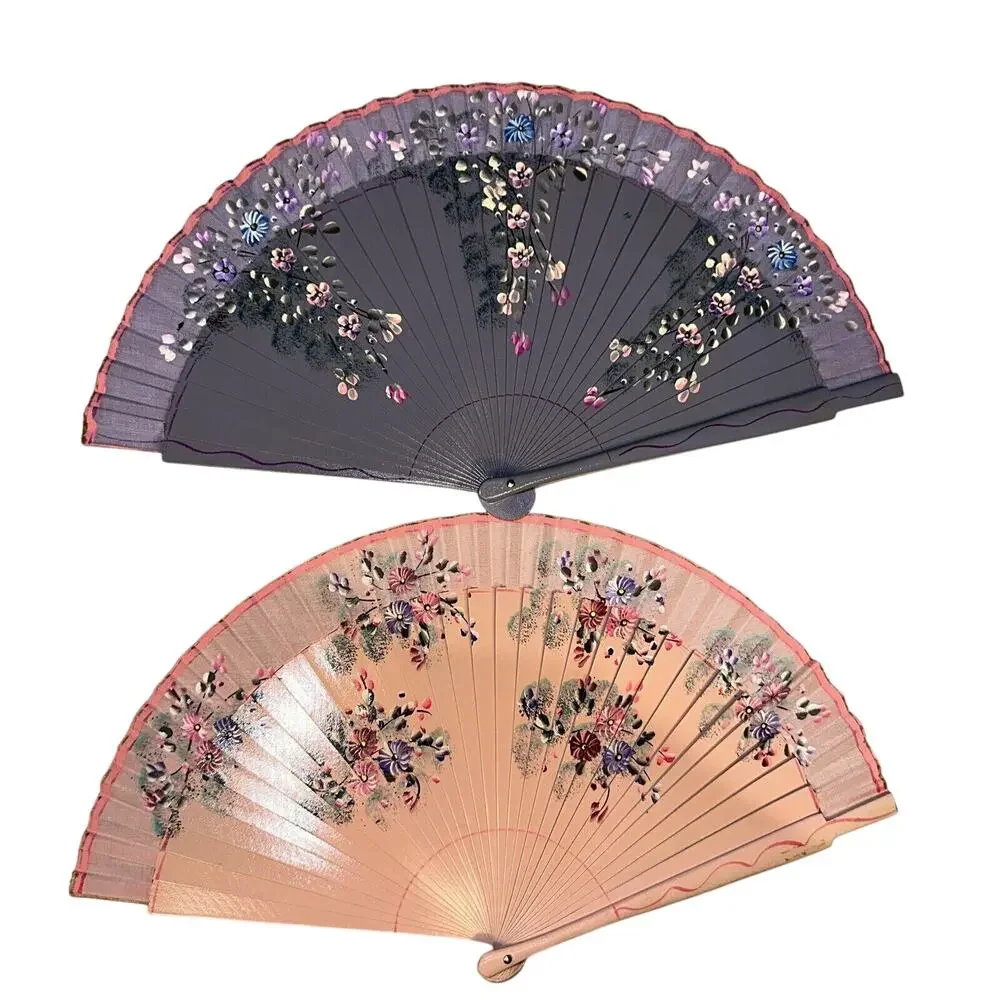 2 Vintage‎ Handpainted Wooden Foldable Hand Fans Pink Purple Flowers 17x9 Asian